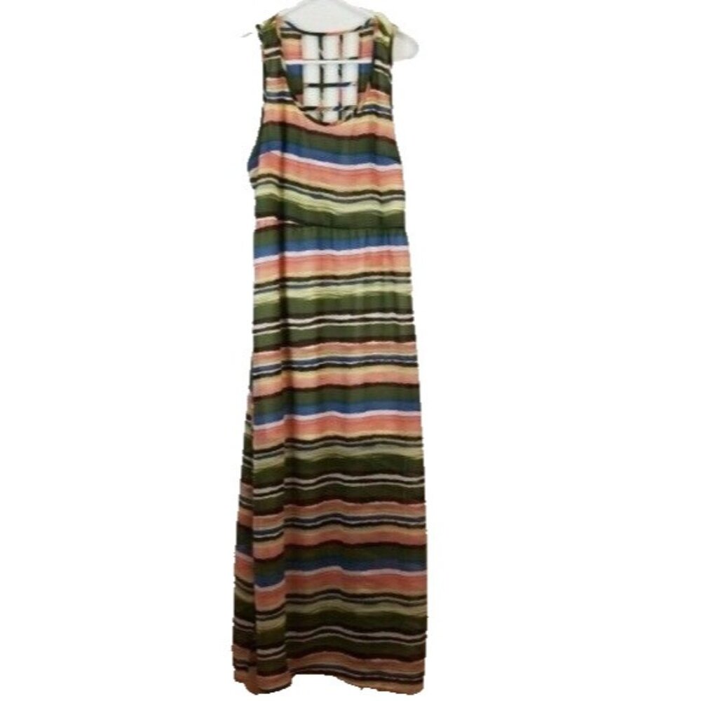 Audrey Ann BOHO Maxi Dress Womens Size Medium Multi Striped Sleeveless Cage Back